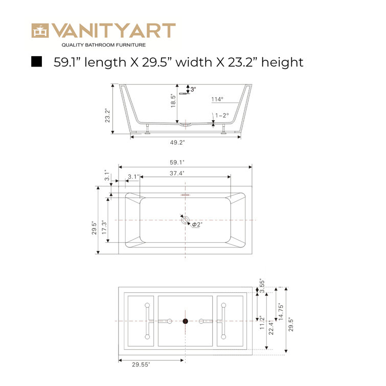 White Acrylic Freestanding Soaking Bathtub 59"