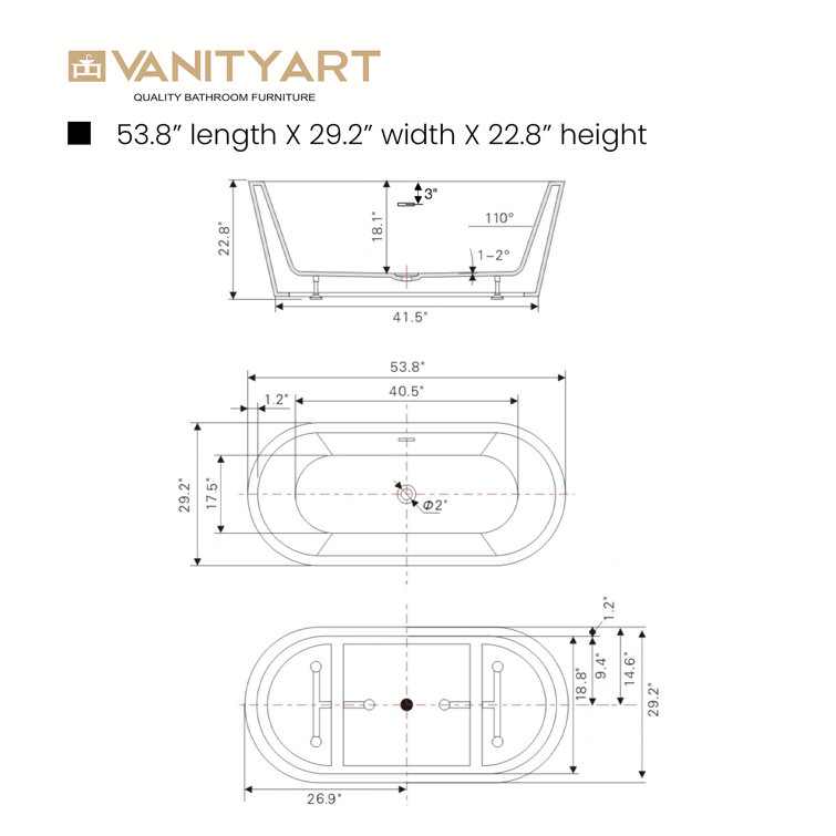 54'' White Freestanding Acrylic Soaking Bathtub