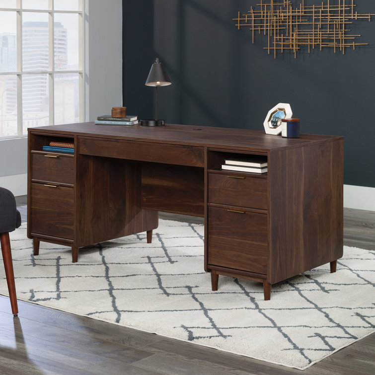 Grand Walnut Executive Desk with Drawers and Filing Cabinet