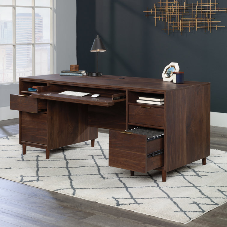 Grand Walnut Executive Desk with Drawers and Filing Cabinet