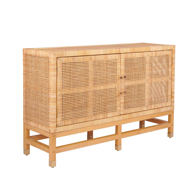 Natural Mahogany and Rattan Buffet with Brass Accents