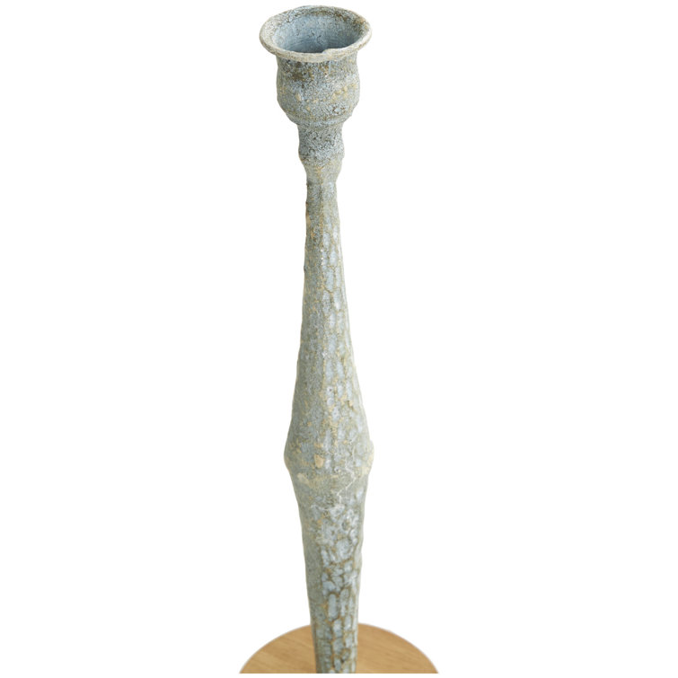 Light Blue Distressed Wood Tabletop Candlestick Set