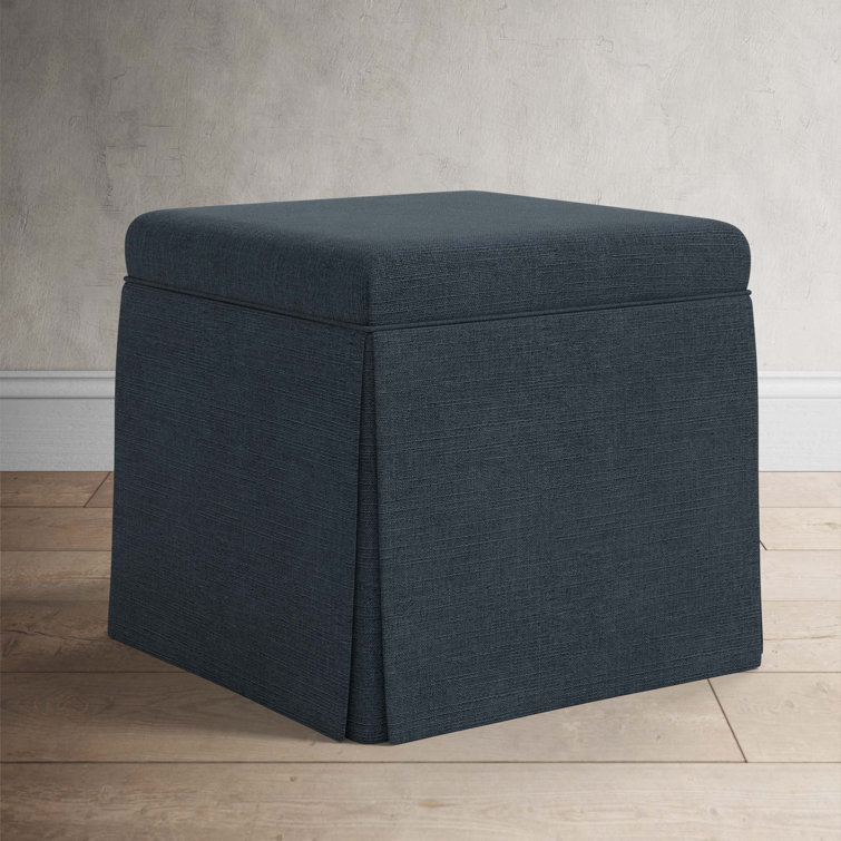 Classic Navy Linen Upholstered Storage Ottoman with Skirted Design