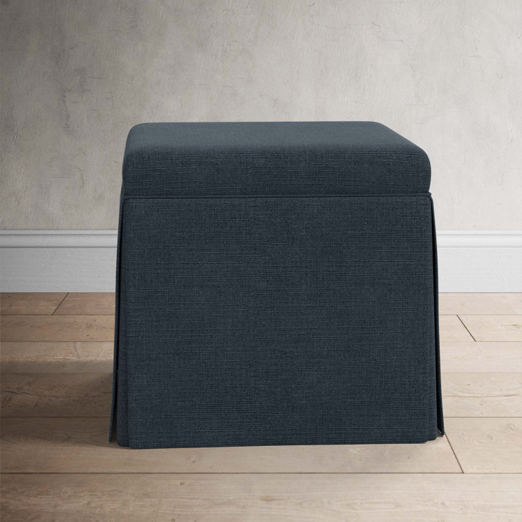 Classic Navy Linen Upholstered Storage Ottoman with Skirted Design