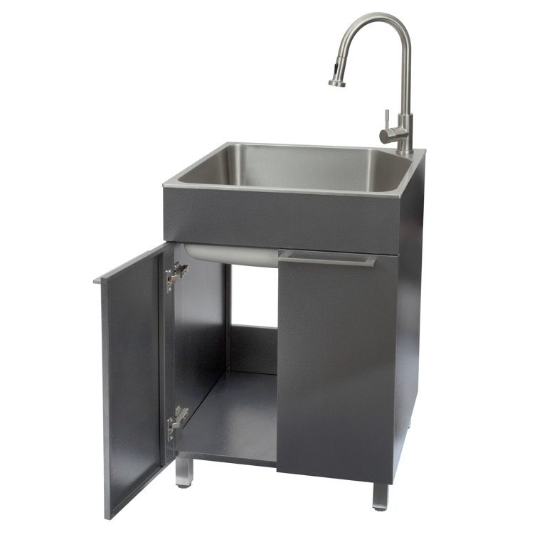 Gray Stainless Steel Drop-In Utility Sink with Faucet and Cabinet