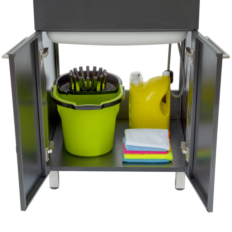 Gray Stainless Steel Drop-In Utility Sink with Faucet and Cabinet