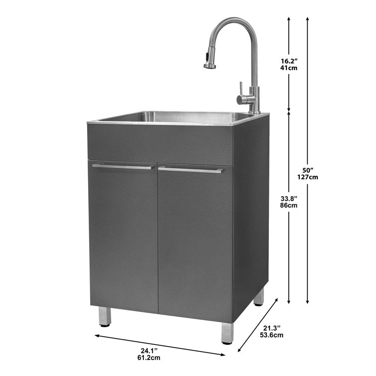 Gray Stainless Steel Drop-In Utility Sink with Faucet and Cabinet