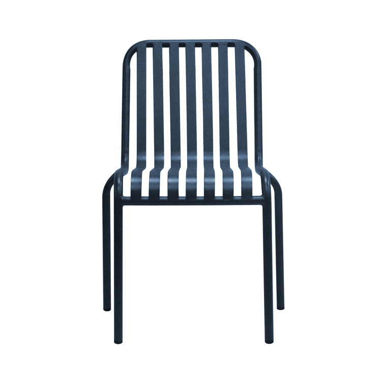 Dark Blue Powder Coated Steel Armless Stackable Outdoor Chairs, Set of 2