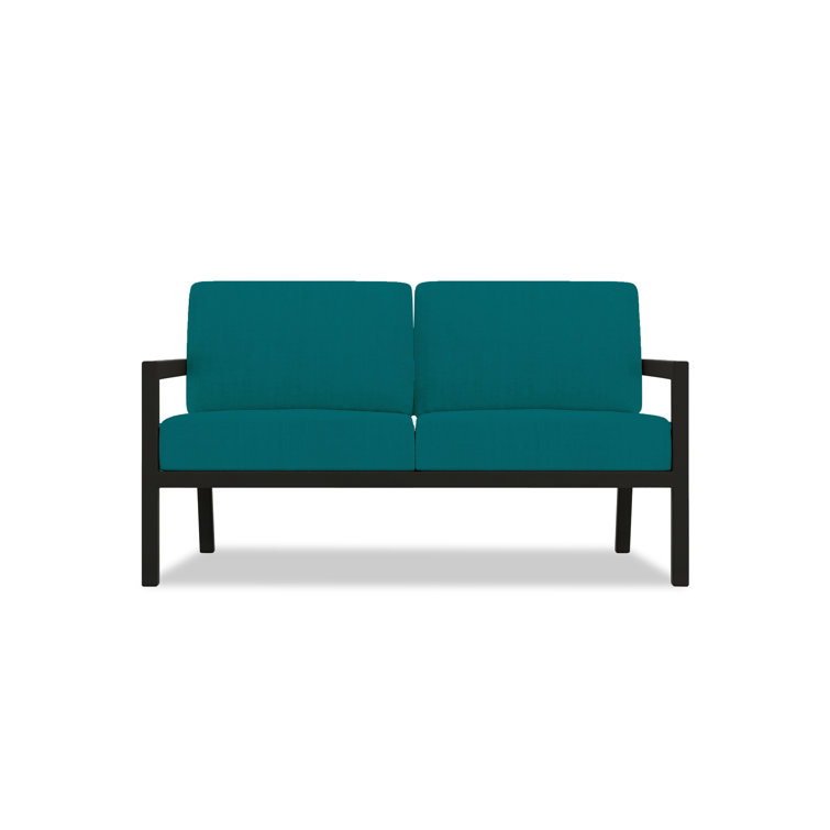 Black Aluminum Outdoor Loveseat with Peacock Sunbrella Cushions