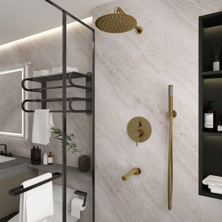 Brushed Gold Dual Rain Shower System with Handheld Spray