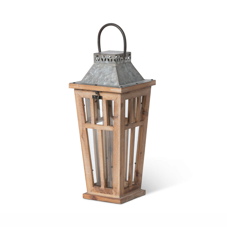 Rustic Tan Fir Wood Hanging Candle Lantern with Galvanized Metal Top
