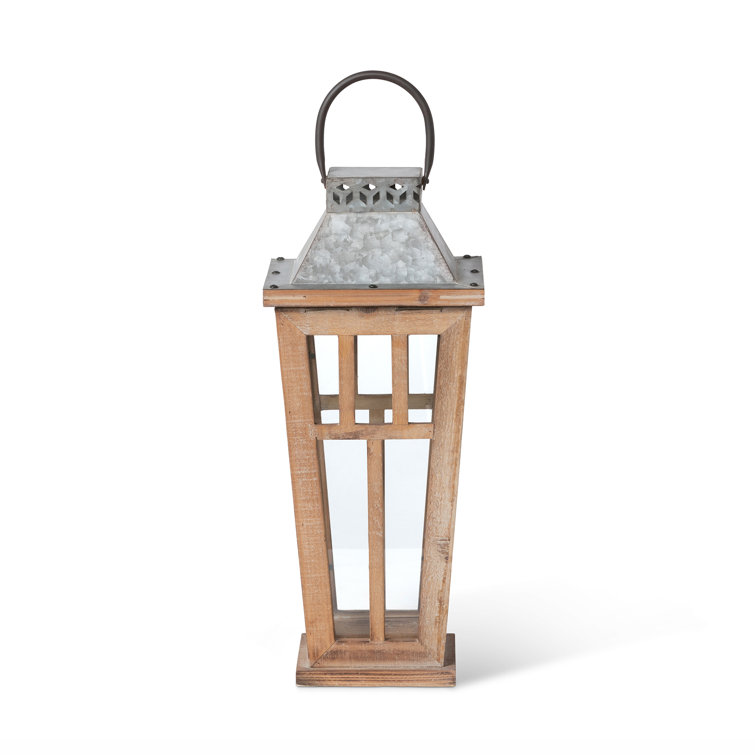 Rustic Tan Fir Wood Hanging Candle Lantern with Galvanized Metal Top