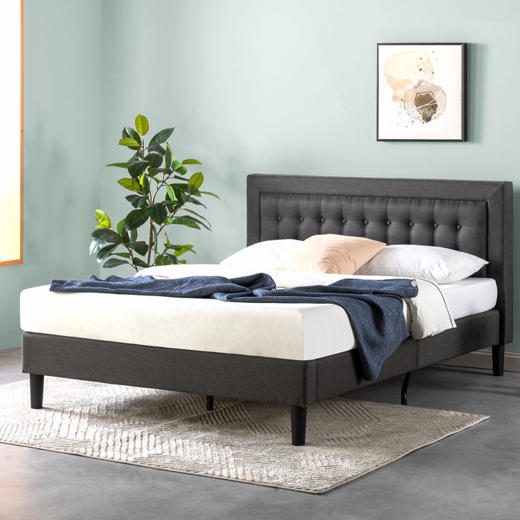 Dark Grey Queen Upholstered Platform Bed with Tufted Headboard