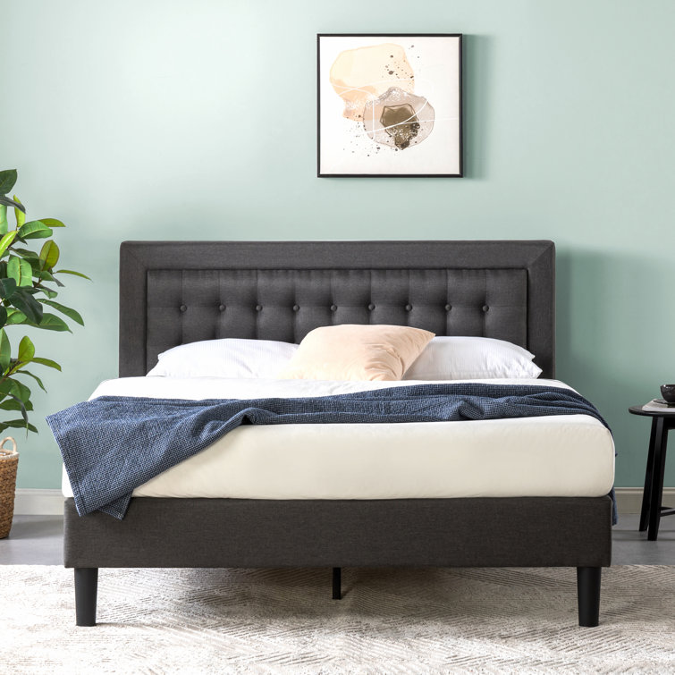 Dark Grey Queen Upholstered Platform Bed with Tufted Headboard