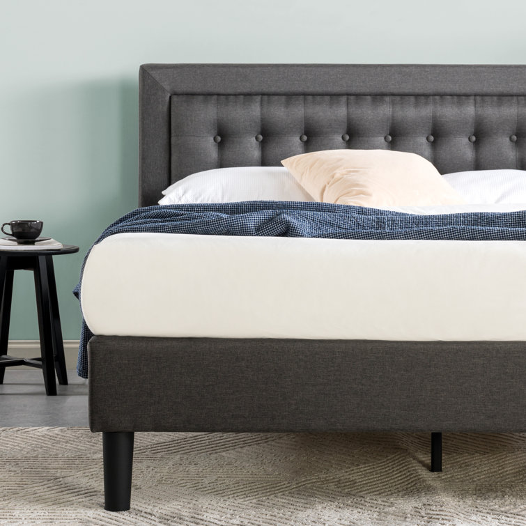 Dark Grey Queen Upholstered Platform Bed with Tufted Headboard