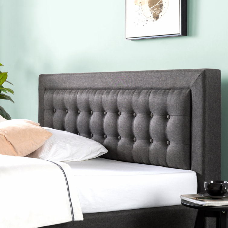 Dark Grey Queen Upholstered Platform Bed with Tufted Headboard