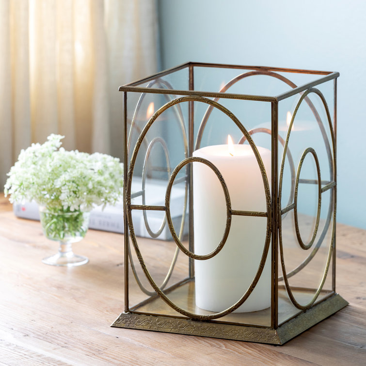 Elegant Brass and Glass Geometric Hurricane Lantern
