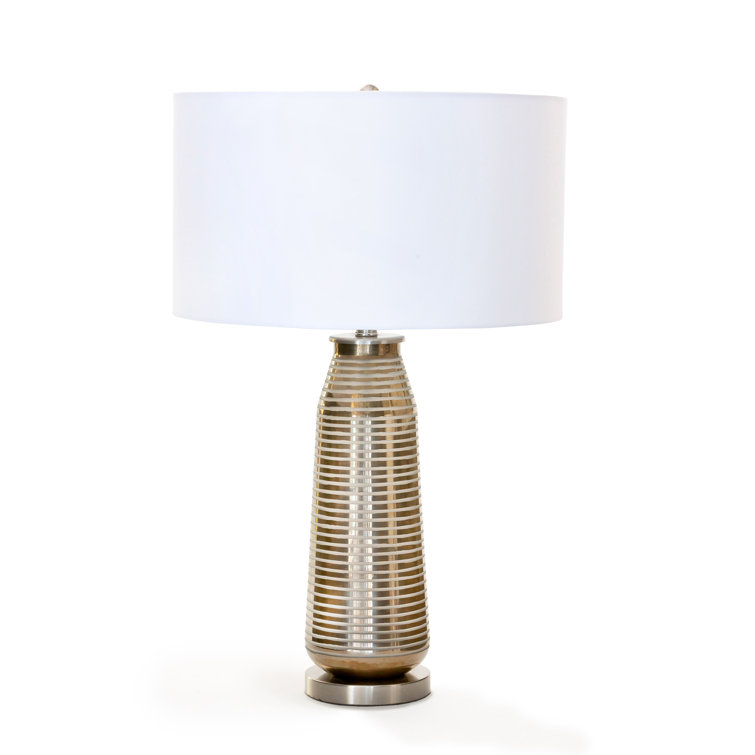 Gray Ribbed Metal Table Lamp with White Linen Shade