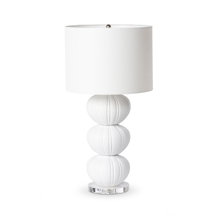 White Ceramic Coastal 3-Urchin Table Lamp with Linen Shade