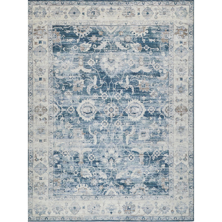 Vintage Blue and Beige Synthetic Rectangular Area Rug