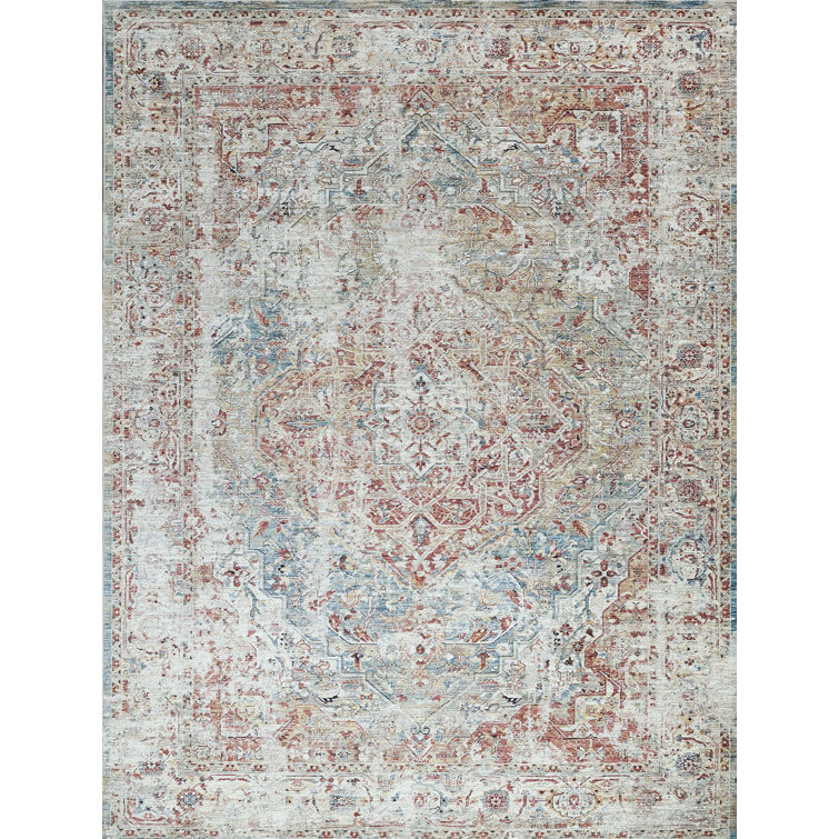 Antique Loom Red and Light Blue Rectangular Wool Rug