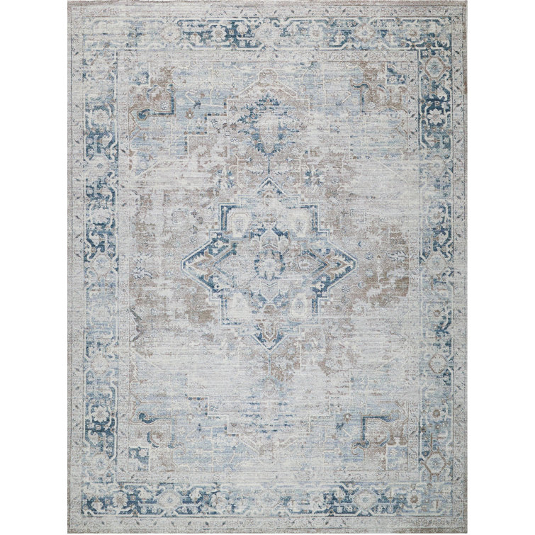 Vintage Blue and Beige 4' x 6' Synthetic Area Rug