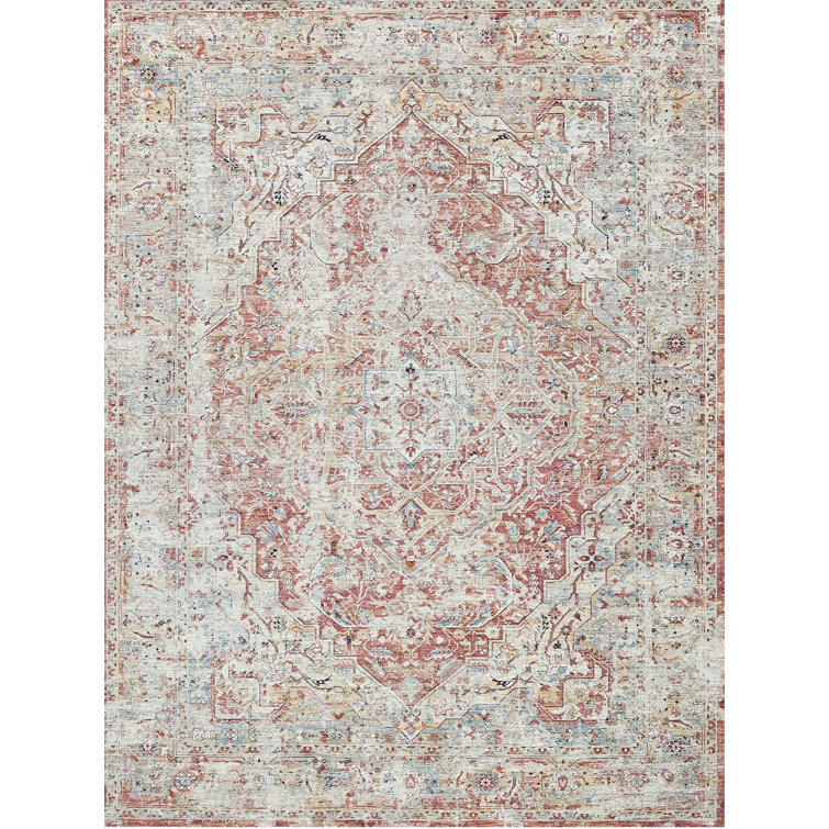Antique Beige and Rust Distressed Synthetic Area Rug with Tassels