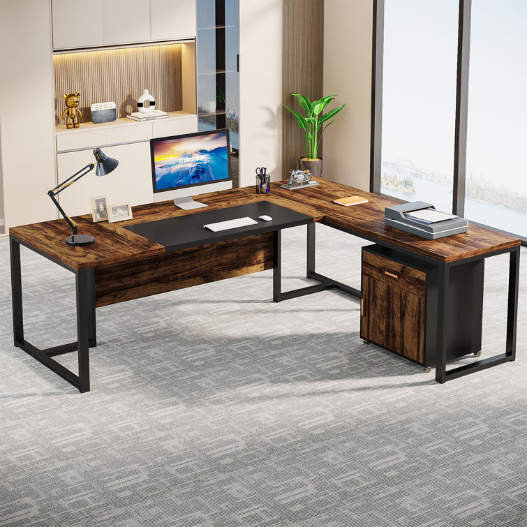 71'' Rustic Brown and Black L-Shaped Desk with Mobile File Cabinet