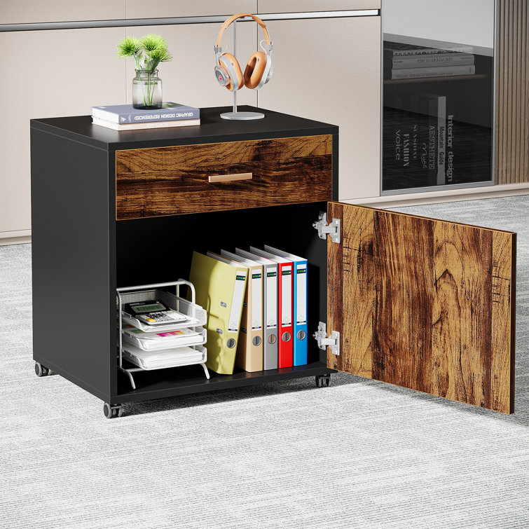 71'' Rustic Brown and Black L-Shaped Desk with Mobile File Cabinet
