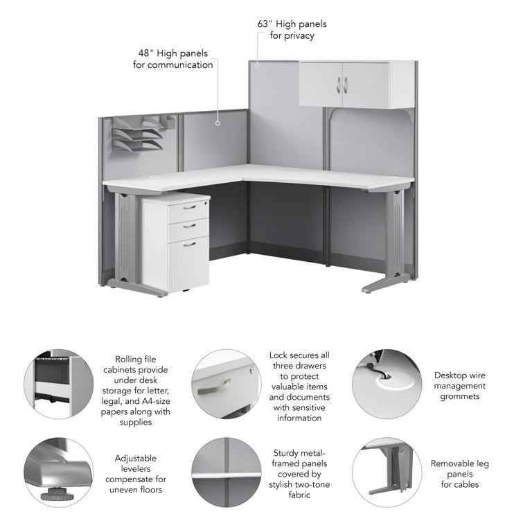 Pure White L Shaped Cubicle Desk with Storage and Privacy Panels