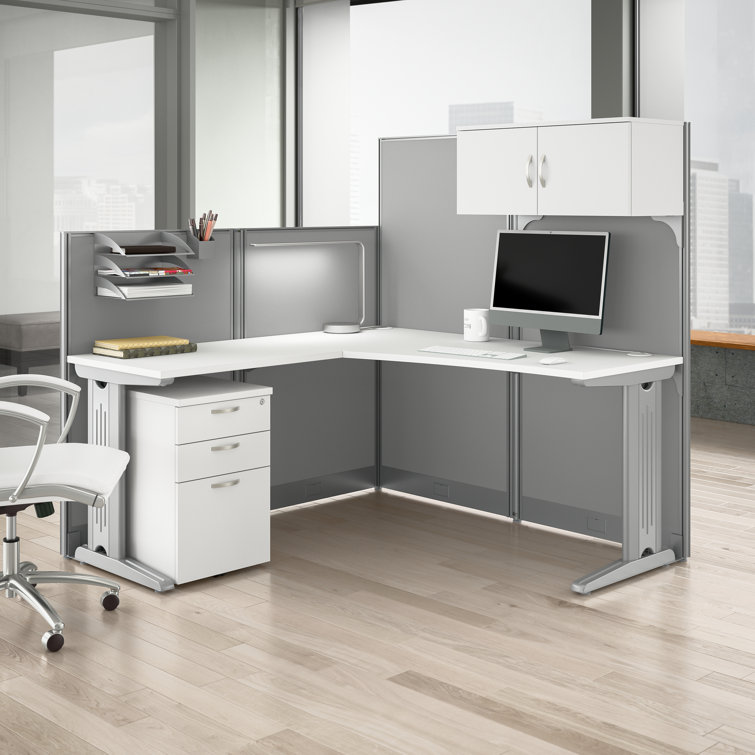 Pure White L Shaped Cubicle Desk with Storage and Privacy Panels