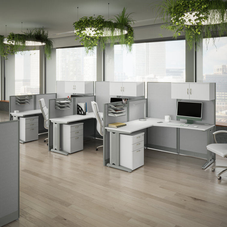 Pure White L-Shaped 3 Person Cubicle Desk with Storage
