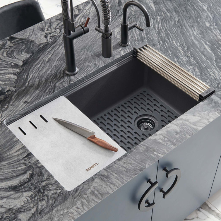 Midnight Black Granite Composite Drop-in Kitchen Sink with Workstation