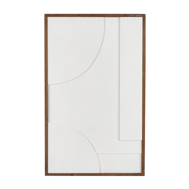 White Geometric Textured Wall Art with Brown Solid Wood Frame