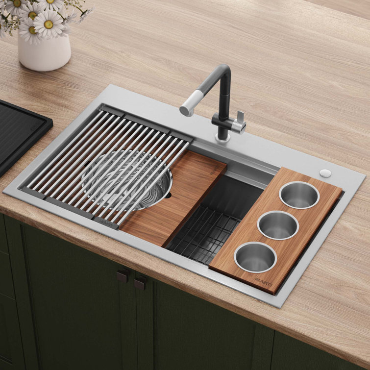 40-Inch Stainless Steel Workstation Sink with Three Bowls and Wood Platform
