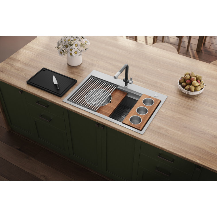 40-Inch Stainless Steel Workstation Sink with Three Bowls and Wood Platform