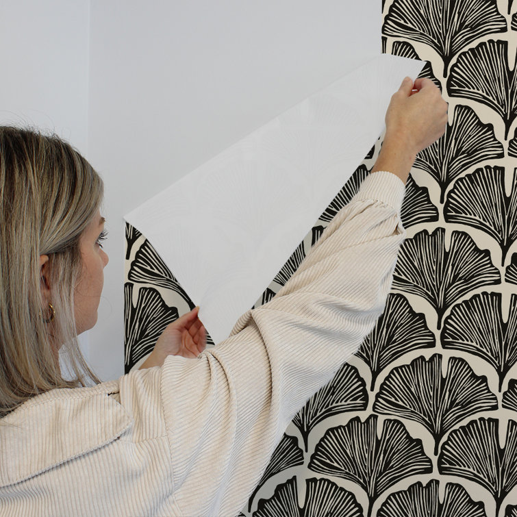 Black and White Feather Palm Peel and Stick Wallpaper Roll
