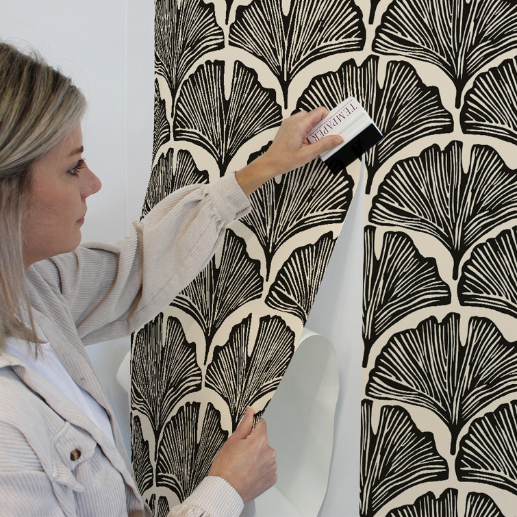 Black and White Feather Palm Peel and Stick Wallpaper Roll