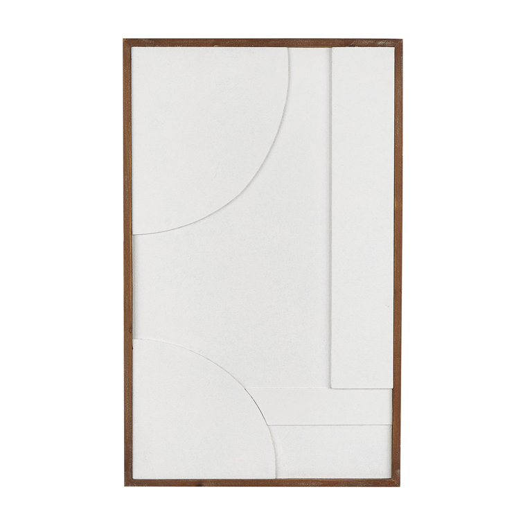 White Geometric Textured Wall Art with Brown Solid Wood Frame
