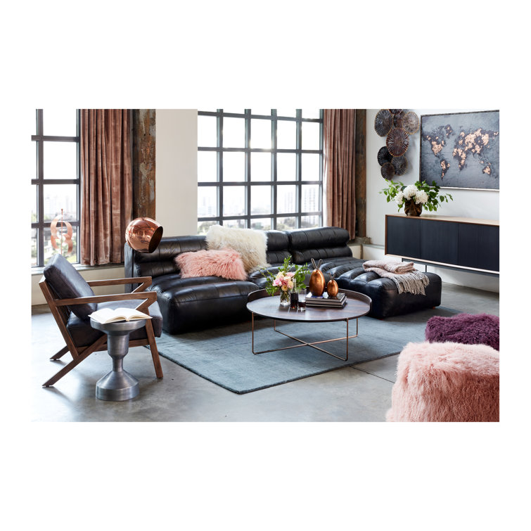 Ramsay Antique Black Leather Chaise with Solid Birch Frame