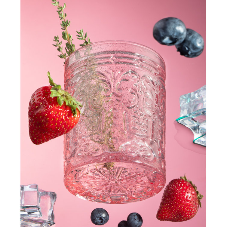 Pink Embossed Glass Whiskey Tumblers Set of Four