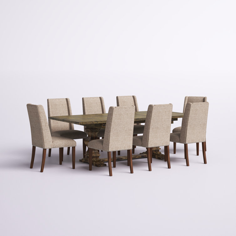 Distressed Jacobean Acacia Wood Dining Set with Light Tan Linen Chairs