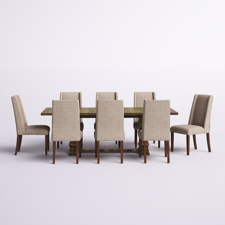 Distressed Jacobean Acacia Wood Dining Set with Light Tan Linen Chairs