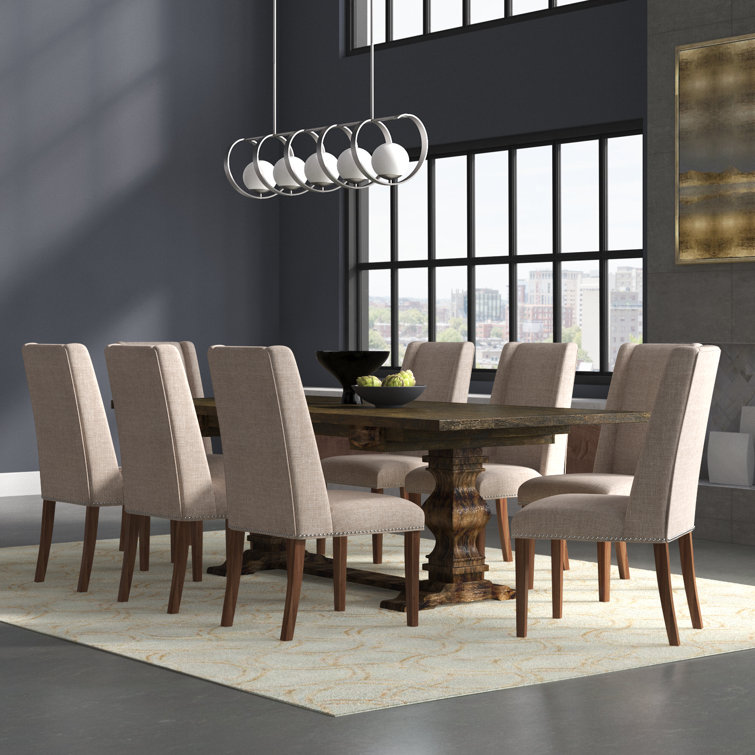 Distressed Jacobean Acacia Wood Dining Set with Light Tan Linen Chairs