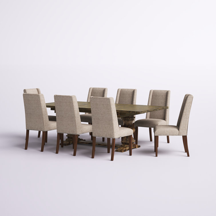 Distressed Jacobean Acacia Wood Dining Set with Light Tan Linen Chairs