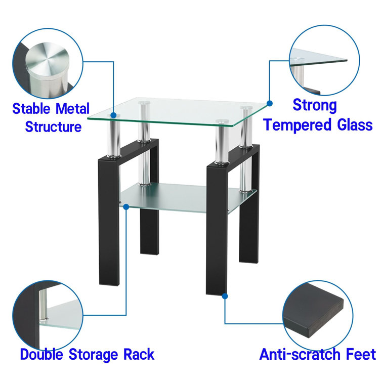 Clear Glass and Black Metal 3-Piece Coffee and End Table Set