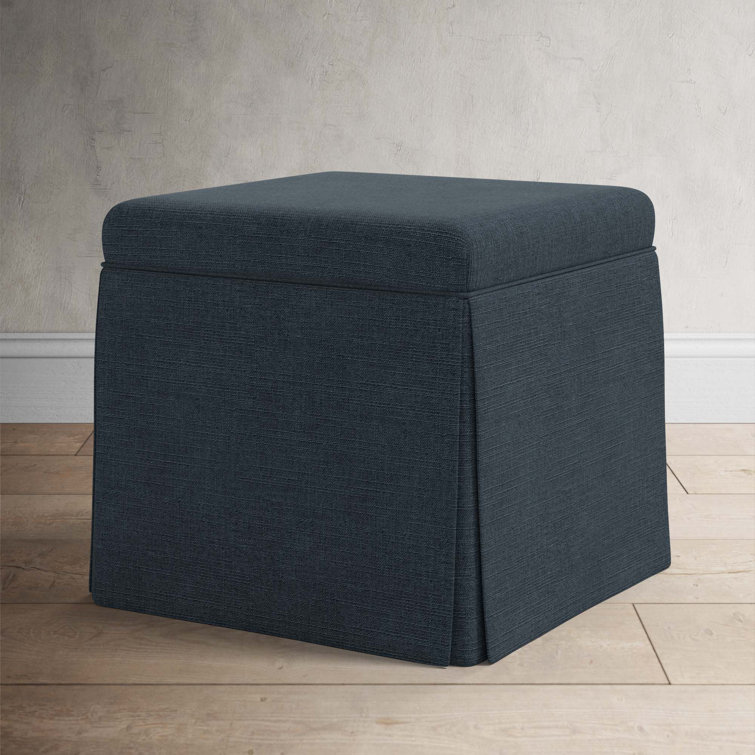 Classic Navy Linen Upholstered Storage Ottoman with Skirted Design