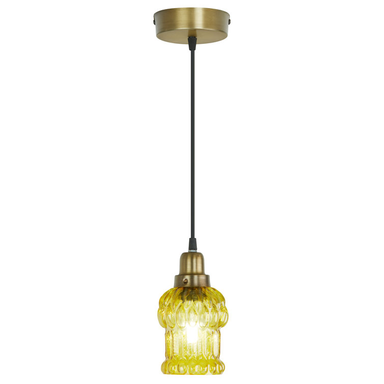 Yellow Textured Glass and Gold Metal Pendant Light, Adjustable Height