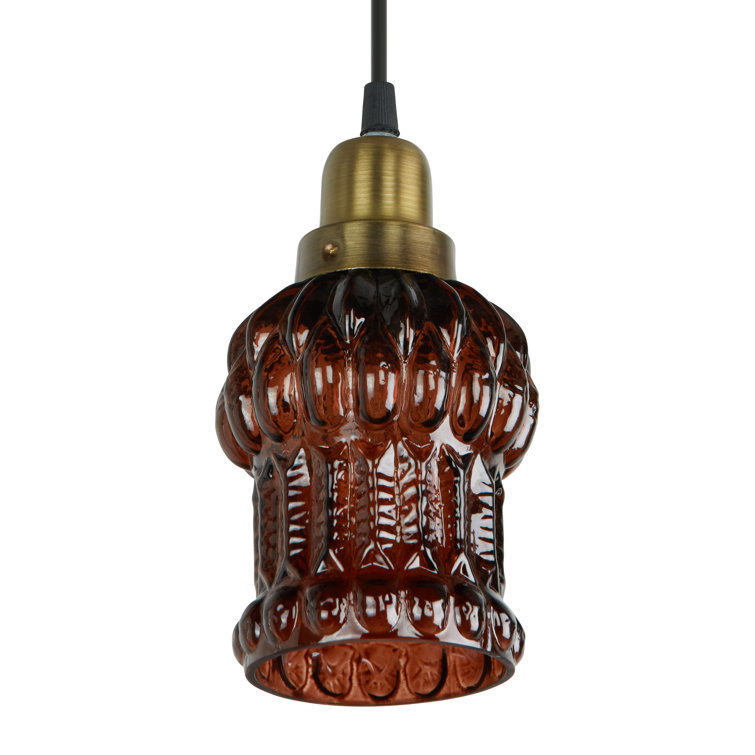 Brown Textured Glass and Gold Metal Pendant Light