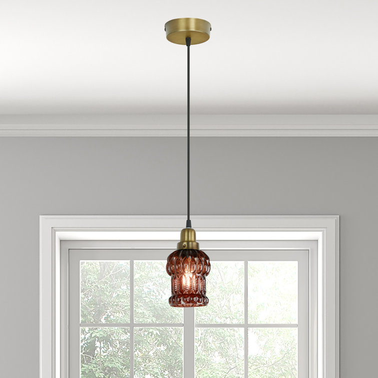 Brown Textured Glass and Gold Metal Pendant Light